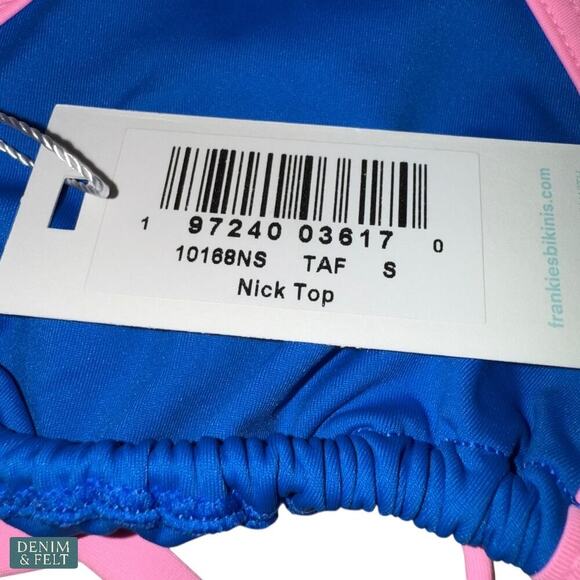 Frankies Bikinis Nick Top & Dove Bottom Set Taffy Blue Pink Trim S NEW/NWT!! - Picture 12 of 16